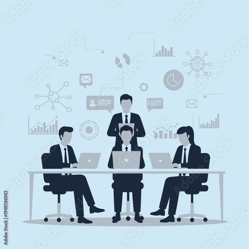 Business Team Actively Working on Laptops During a Productive Meeting with Data Analytics