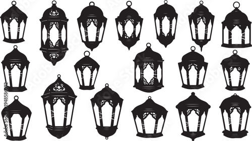 Black Lantern Silhouettes on White Background Illustration Set