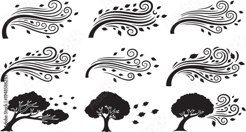 Windy weather with trees and swirling leaves illustration set
