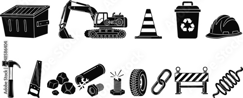 Construction and waste management icons set with excavator dumpster traffic cone recycling bin hard hat hammer saw and various industrial parts