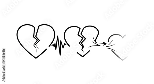 Broken Heart Symbol with Heartbeat and Fading Out Effect, Representing Grief and Loss