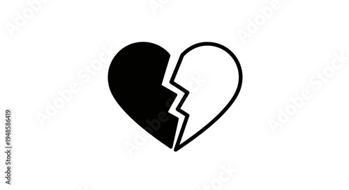 Broken Heart Symbol, Black and White, Symbolizing Sadness and Relationship Problems
