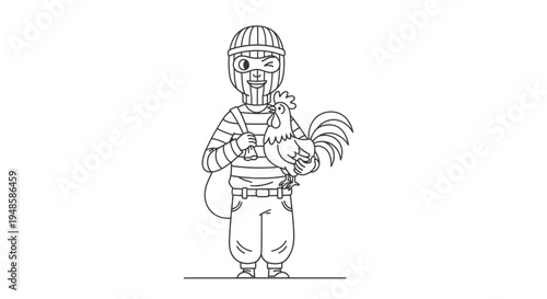 Cartoon Thief in Striped Outfit Stealing a Rooster, Winking