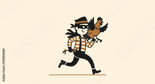 Cartoon Thief Stealing Chicken, Funny Bandit Running with Poultry, Crime Concept