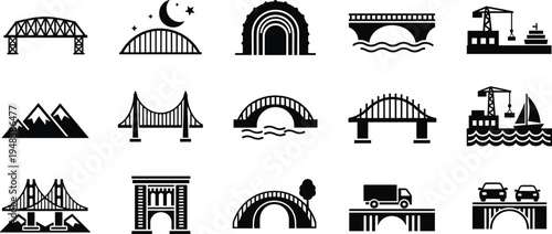 Bridge vector silhouette icon set featuring suspension bridge, arch bridge, metal truss bridge, city bridge, mountain bridge, road bridge with car, and water bridge