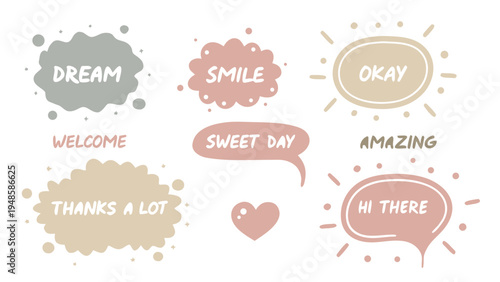 Set of Cute Hand-Drawn Pastel Speech Bubbles with Positive Messages and Aesthetic Doodles