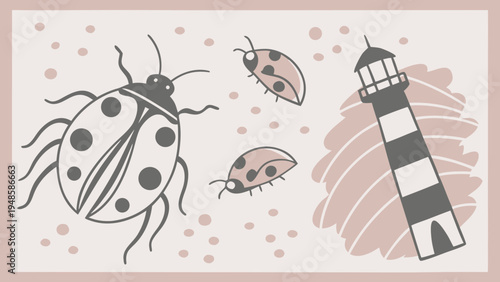 Modern Minimalist Ladybug and Lighthouse Illustration in Muted Pink and Grey Tones for Nursery Decor