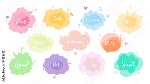 Set of Kawaii Pastel Speech Bubbles and Decorative Text Labels with Colorful Organic Shapes and Doodles for Social Media and Bullet Journaling