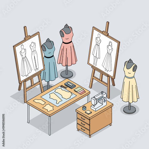 Illustration of a fashion design studio with mannequins, sketches, and sewing equipment.