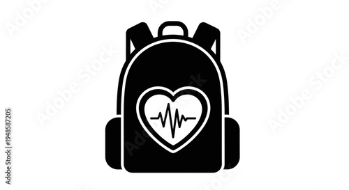 Black backpack with heart and heartbeat icon, symbolizing health, fitness, and medical care