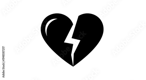 Black Broken Heart Icon Symbol, Love Sadness Concept
