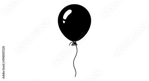 Black Balloon Floating with String Isolated on White Background, Minimalist Party Decoration