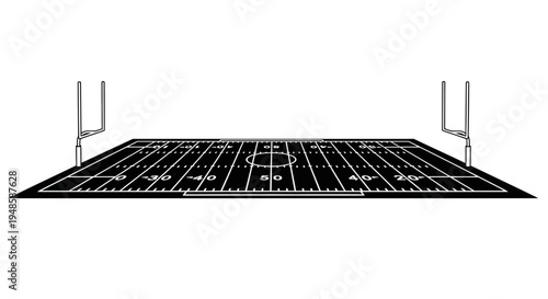 American Football Field with Goalposts - Black and White Illustration