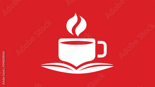 A minimalist white vector logo depicting a steaming cup of coffee positioned above an open book outline centered on a vibrant red background.