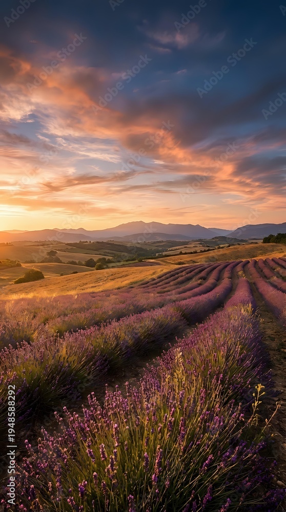 Obraz premium Lavender field rows stretching toward mountains under dramatic sunset sky with orange and purple clouds creating romantic agricultural landscape.