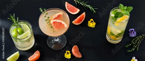 Obraz  z motywem Three refreshing cocktails with fresh citrus garnishes and herbs on dark slate background for summer entertaining and mixology presentations.