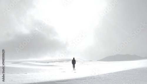 Distant figure walks on snowy field under bright sunlight and scattered clouds. Monochromatic, minimal, vast landscape