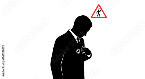 Silhouette of a businessman with a warning sign, symbolizing risk and caution in business