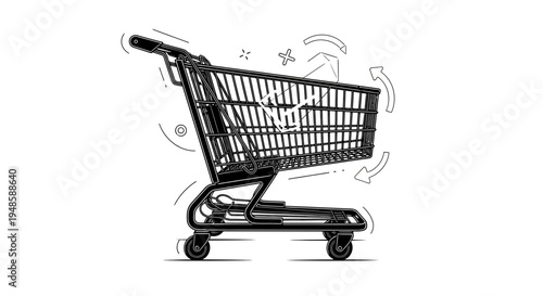 Shopping Cart Illustration with Abstract Elements, Black and White