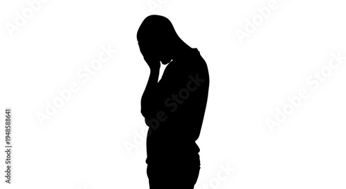 Silhouette of a distressed person holding head in hands, isolated on white background.