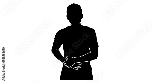 Silhouette of a man holding his stomach in pain, isolated on white background