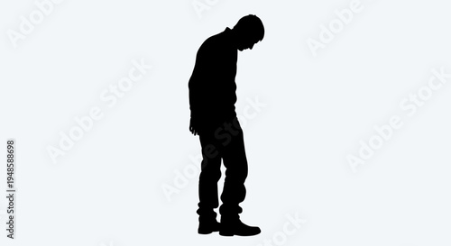 Silhouette of a sad man looking down, isolated on white background