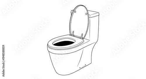 Modern One-Piece Toilet with Open Lid, Line Drawing Illustration
