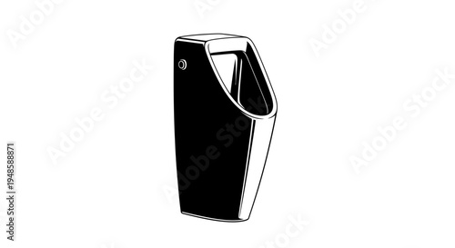 Modern Urinal, Bathroom Fixture, Ceramic or Porcelain, Black and White Illustration