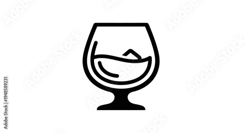 Icon of a brandy glass with ice and liquid, minimalist black and white design