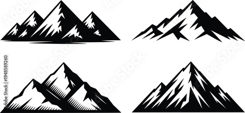Detailed mountain peak silhouette set with high-contrast shading and snow caps isolated on white background vector illustration for outdoor adventure