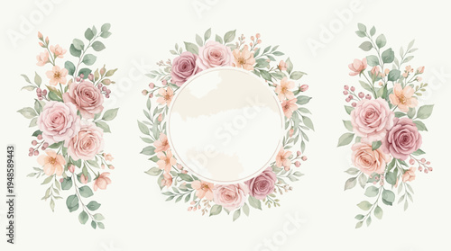 Elegant Watercolor Floral Decoration Set with Pink Roses and Botanical Wreath Frame