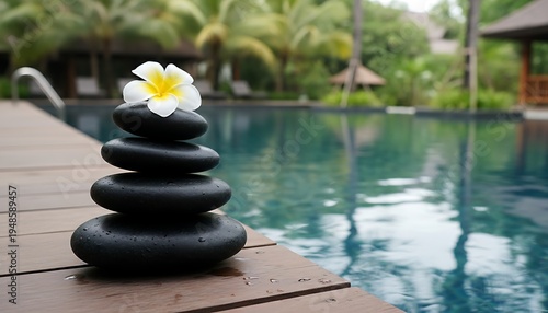 Zen Stack of Smooth Black Stones with White Yellow Plumeria on Pool Deck
