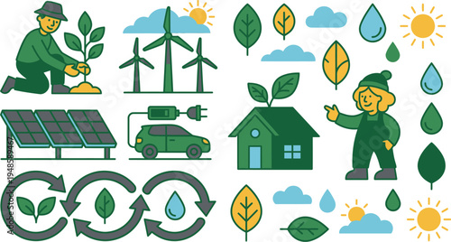 Vibrant ecological illustrations demonstrating environmental protection, sustainable practices, renewable energy, and nature conservation efforts.