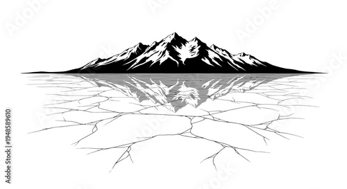 Majestic Mountain Range Reflection on Cracked Ice Surface, Black and White