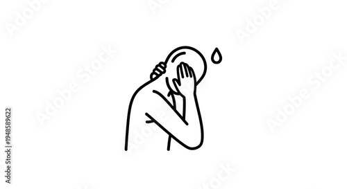 Man holding head in despair, sweat drop, stress, anxiety, mental health, line art icon
