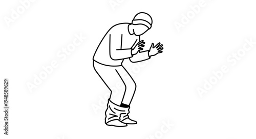Man in casual clothes pulling down pants, isolated on white background, line art.