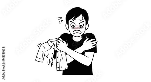 Man shivering from cold, holding torn shirt, looking embarrassed and distressed