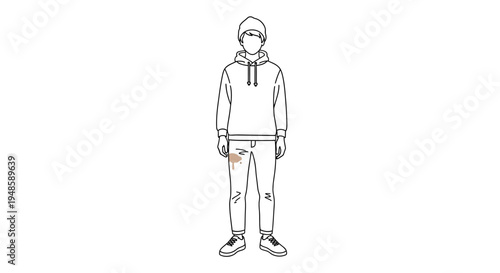 Man in Hoodie and Jeans with Stain on Leg - Line Art Illustration