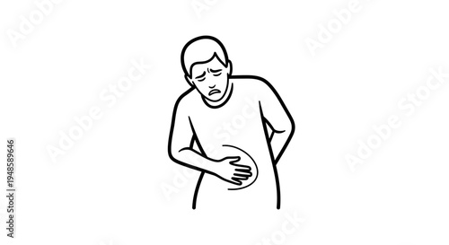 Man with stomach ache holding his abdomen in pain, illustration