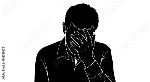 Man's facepalm, silhouette of despair, stress, and frustration, white background