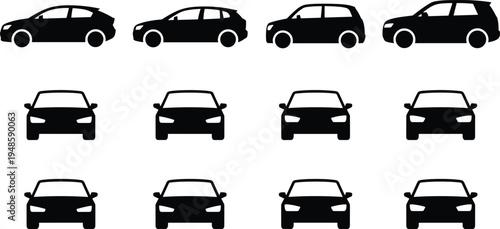 Large collection of car silhouettes featuring various body types including SUV and hatchback from side and front view isolated on white background vector
