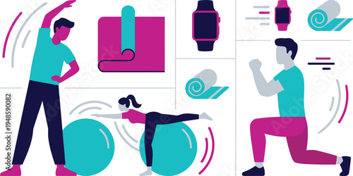 Diverse people actively engaging in various fitness exercises with workout equipment and technology