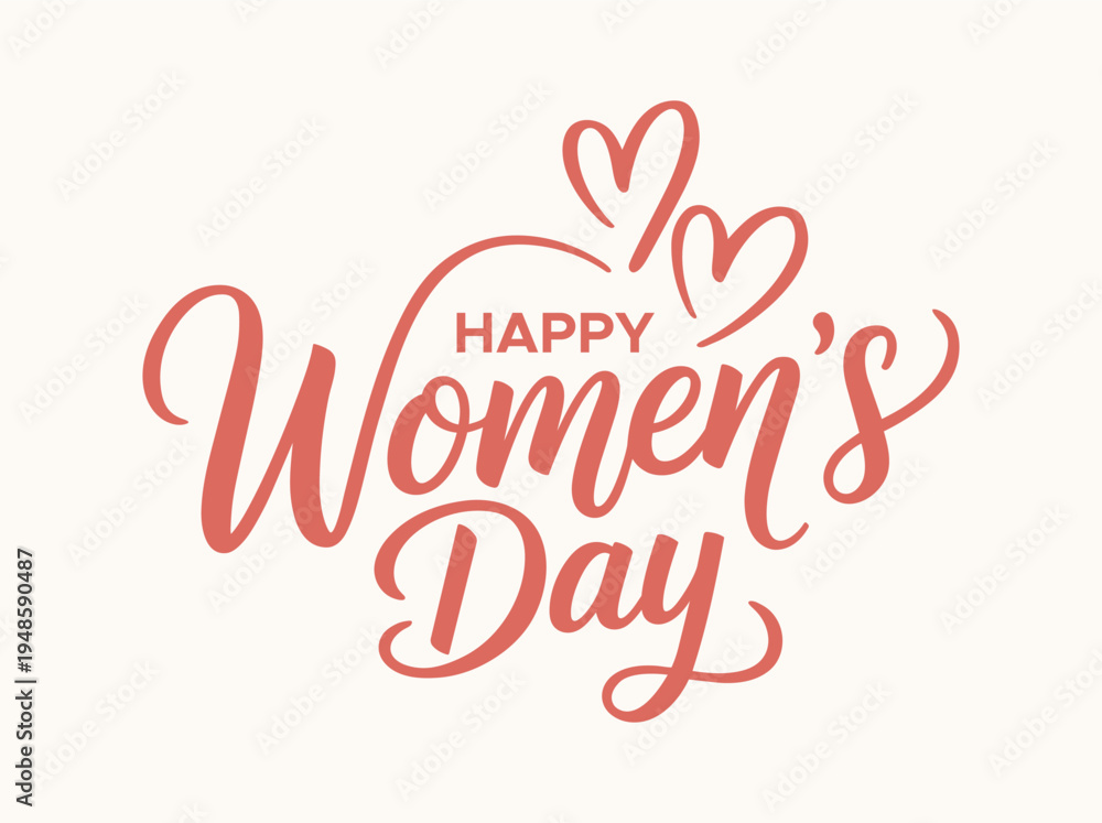 Fototapeta premium Happy Women's Day greeting with elegant pink calligraphy and hand-drawn hearts on off-white background.