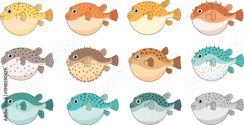Vector set of puffer fish illustrations featuring various colors and spiked textures for marine life aquarium decor and underwater ocean designs.