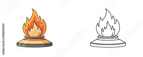 Eternal flame memorial illustration in flat cartoon and linear styles orange and yellow colors symbol of memory and honor for historical monument on white background