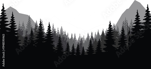 Layered forest landscape silhouette with evergreen pine trees and mountain peaks in various gray tones isolated on white background vector