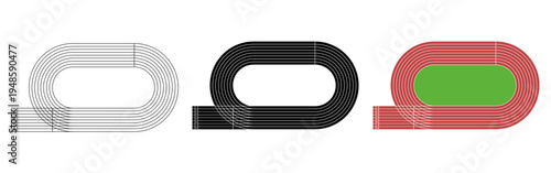 Top view athletics running track with lane lines and stadium field. Sport race track vector set including outline, solid and colored versions. Ideal for sports design, infographic, and stadium graphic