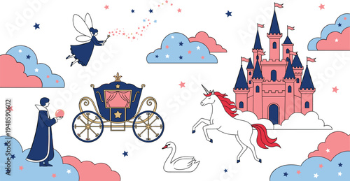 Magical fairytale vector set featuring pink castle royal carriage unicorn fairy and wizard elements for children storybook nursery decor and princess party invitations.