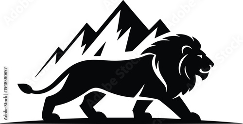 Lion silhouette walking in front of mountain peaks isolated on white background vector illustration for outdoor adventure or leadership logo design