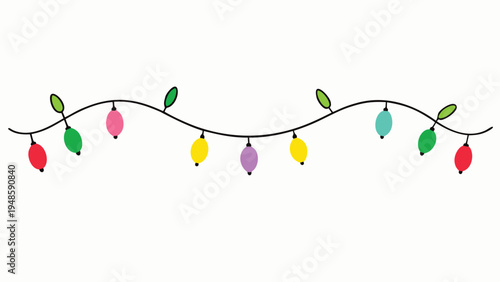 A wavy strand of colorful teardrop shaped Christmas lights with small green leaves attached to the wire set against a plain white background.